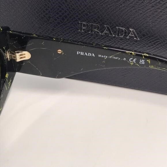 New Authentic Prada SPR 20Z Acetate Oval Symbole Sunglass– Black &Green Marbles - Picture 4 of 13